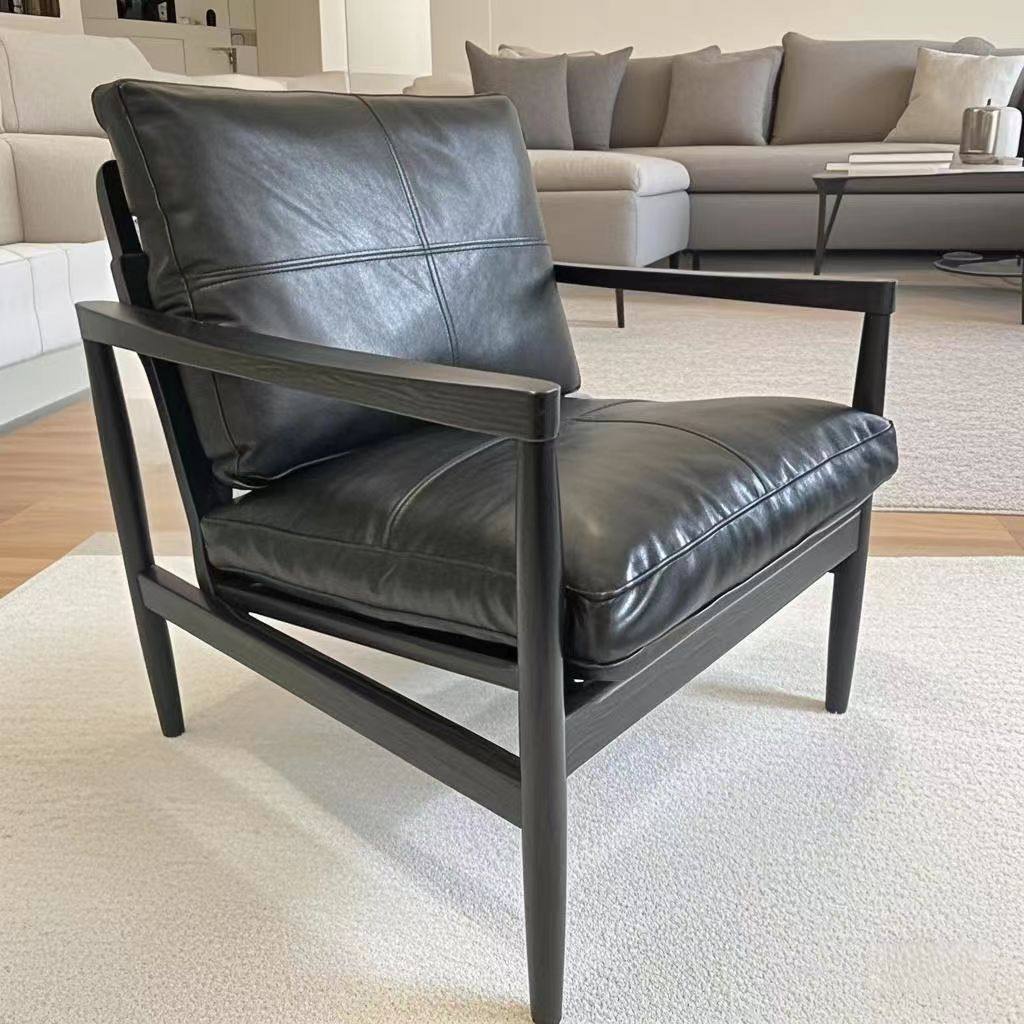 Traditional Vintage Rectangular Faux Oil-Waxed Leather Velvet  Rubberwood Accent Chair Backrest Armrest For Living Room