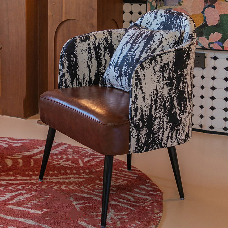Traditional Vintage Curved Print Fabric Faux Oil-Waxed Leather Iron Medium Density Fiberboard Solid Wood Accent Chair Backrest Armrest For Living Room