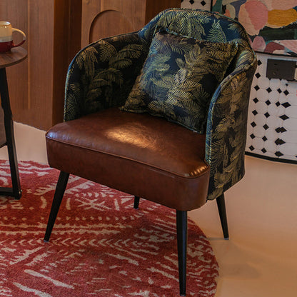 Traditional Vintage Curved Print Fabric Faux Oil-Waxed Leather Iron Medium Density Fiberboard Solid Wood Accent Chair Backrest Armrest For Living Room