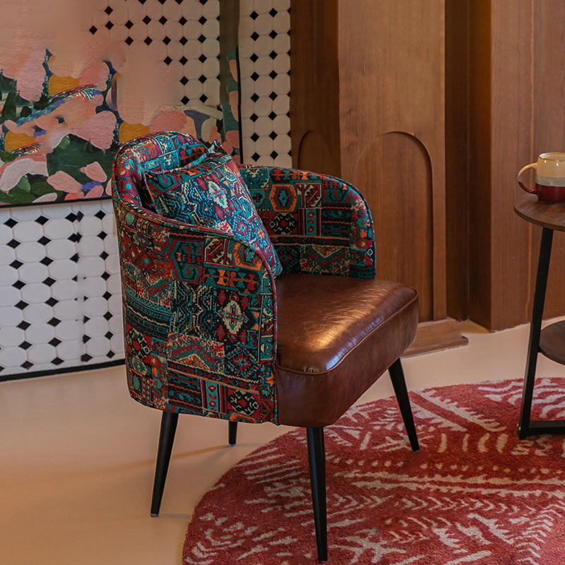 Traditional Vintage Curved Print Fabric Faux Oil-Waxed Leather Iron Medium Density Fiberboard Solid Wood Accent Chair Backrest Armrest For Living Room