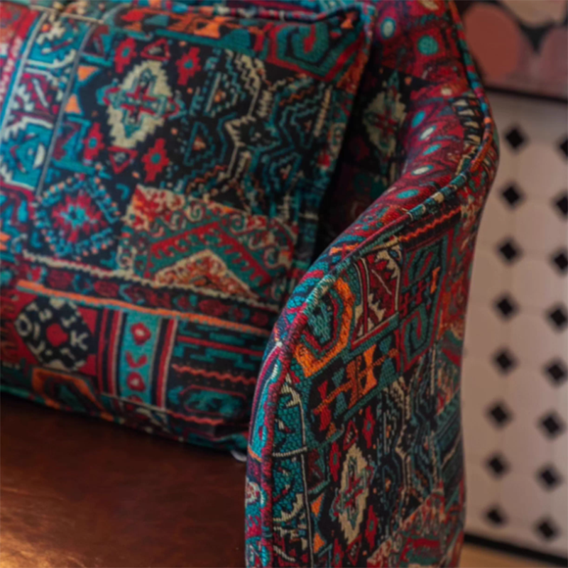 Traditional Vintage Curved Print Fabric Faux Oil-Waxed Leather Iron Medium Density Fiberboard Solid Wood Accent Chair Backrest Armrest For Living Room