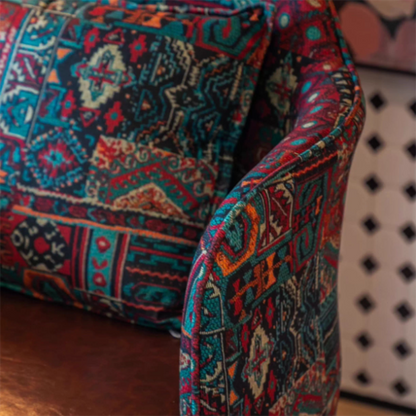 Traditional Vintage Curved Print Fabric Faux Oil-Waxed Leather Iron Medium Density Fiberboard Solid Wood Accent Chair Backrest Armrest For Living Room