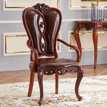 Contemporary Luxury Curved Rectangular Exquisite Carvings Microfiber Leather Rubberwood Solid Wood Dining Chair Backrest Armrest For Dining Room & Kitchen