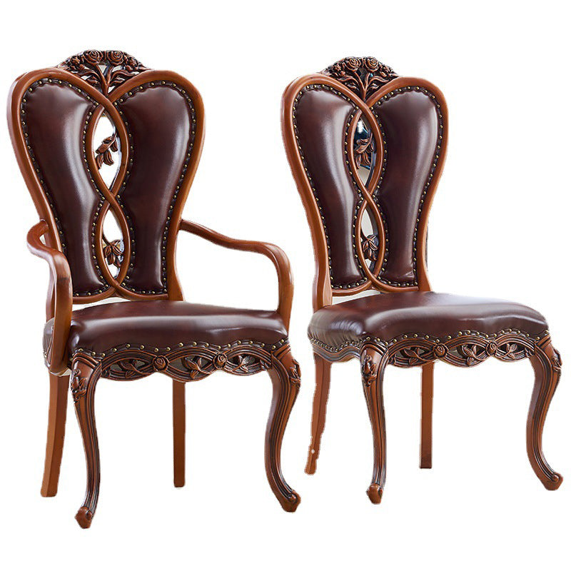 Contemporary Luxury Curved Rectangular Exquisite Carvings Microfiber Leather Rubberwood Solid Wood Dining Chair Backrest Armrest For Dining Room & Kitchen