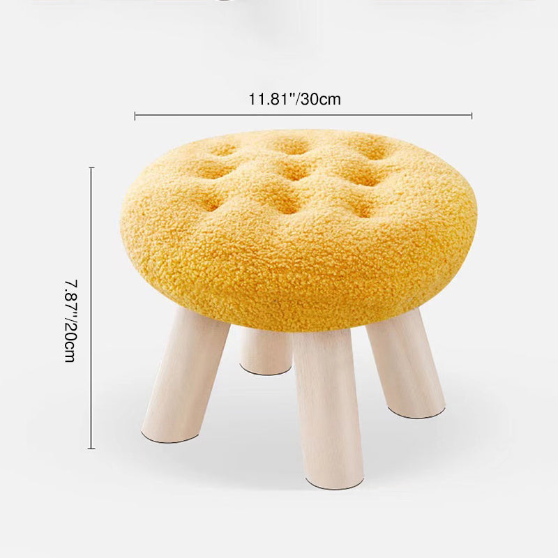Contemporary Creative Round Cookie-Shaped Teddy Plush Solid Pine Wood Kids Low Stool Backless Armless For Living Room