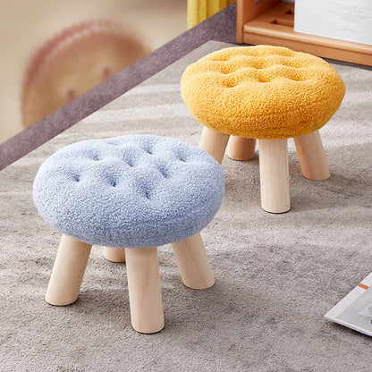 Contemporary Creative Round Cookie-Shaped Teddy Plush Solid Pine Wood Kids Low Stool Backless Armless For Living Room