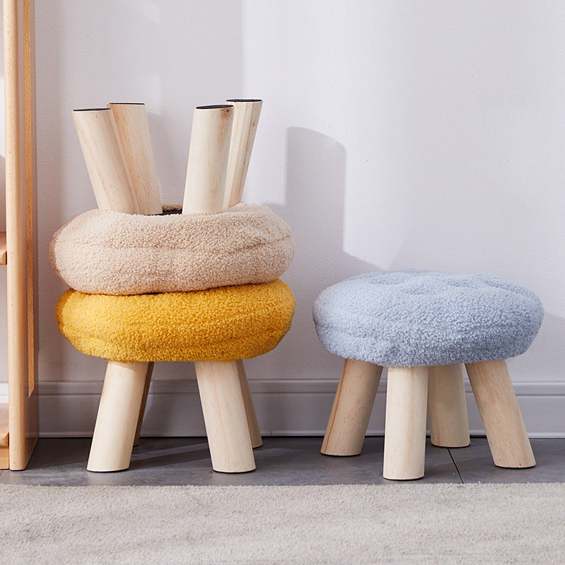 Contemporary Creative Round Cookie-Shaped Teddy Plush Solid Pine Wood Kids Low Stool Backless Armless For Living Room