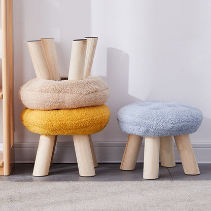 Contemporary Creative Round Cookie-Shaped Teddy Plush Solid Pine Wood Kids Low Stool Backless Armless For Living Room