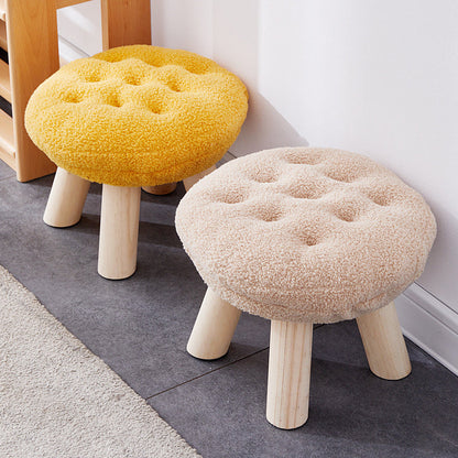 Contemporary Creative Round Cookie-Shaped Teddy Plush Solid Pine Wood Kids Low Stool Backless Armless For Living Room