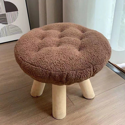 Contemporary Creative Round Cookie-Shaped Teddy Plush Solid Pine Wood Kids Low Stool Backless Armless For Living Room