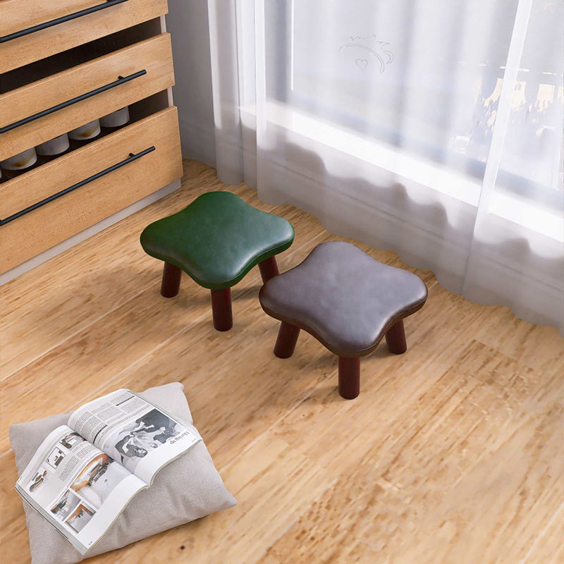 Contemporary Creative Four-Leaf Clover Shape Faux Oil-Waxed Leather Solid Wood Kids Low Stool Backless Armless For Living Room