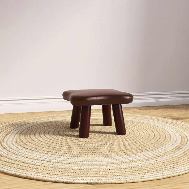 Contemporary Creative Four-Leaf Clover Shape Faux Oil-Waxed Leather Solid Wood Kids Low Stool Backless Armless For Living Room