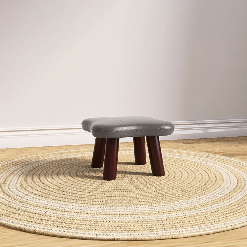 Contemporary Creative Four-Leaf Clover Shape Faux Oil-Waxed Leather Solid Wood Kids Low Stool Backless Armless For Living Room