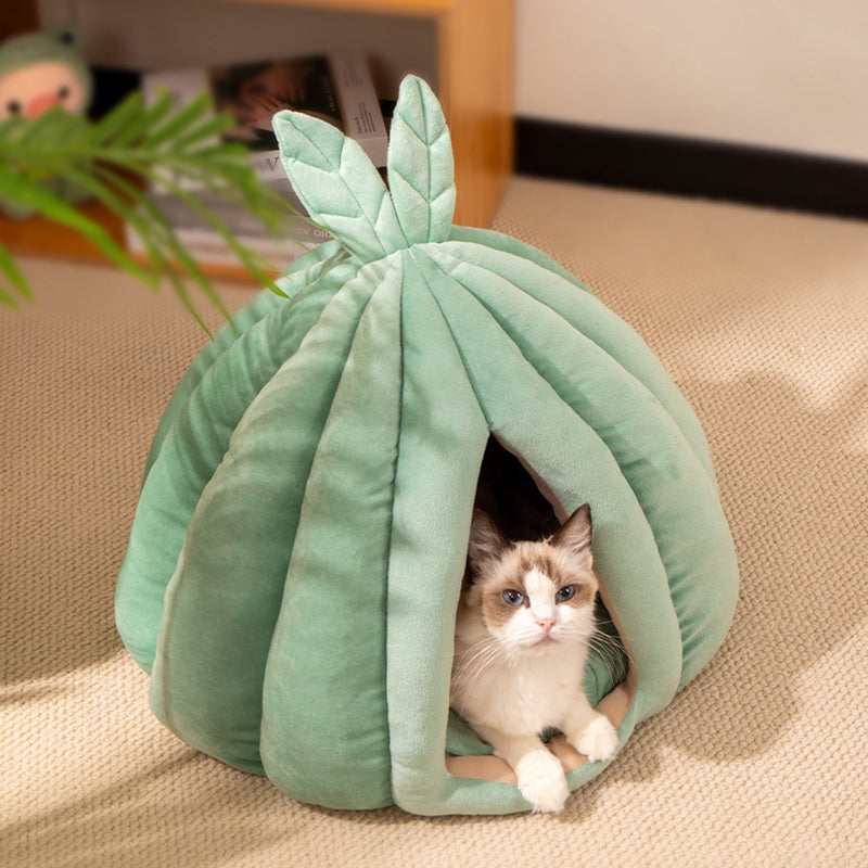 Contemporary Creative Pumpkin-Shaped Rabbit Ear Design Velvet Anti-Slip Dotted Fabric Cat Bed For Bedroom