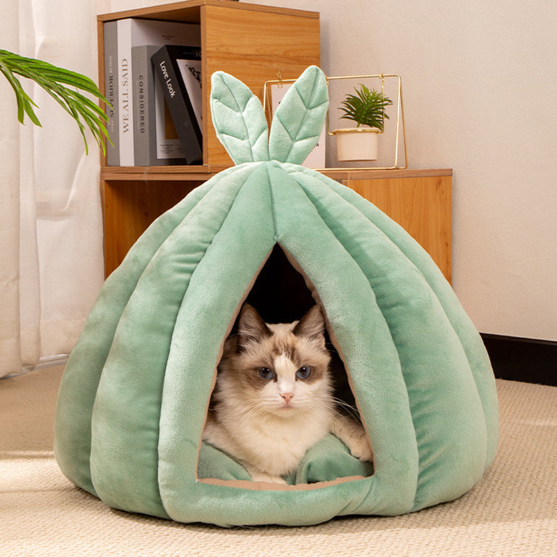 Contemporary Creative Pumpkin-Shaped Rabbit Ear Design Velvet Anti-Slip Dotted Fabric Cat Bed For Bedroom