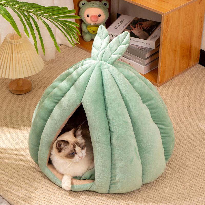 Contemporary Creative Pumpkin-Shaped Rabbit Ear Design Velvet Anti-Slip Dotted Fabric Cat Bed For Bedroom