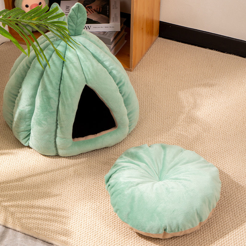 Contemporary Creative Pumpkin-Shaped Rabbit Ear Design Velvet Anti-Slip Dotted Fabric Cat Bed For Bedroom