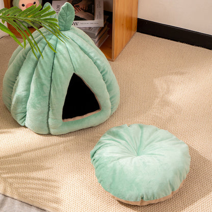 Contemporary Creative Pumpkin-Shaped Rabbit Ear Design Velvet Anti-Slip Dotted Fabric Cat Bed For Bedroom