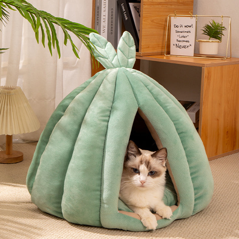Contemporary Creative Pumpkin-Shaped Rabbit Ear Design Velvet Anti-Slip Dotted Fabric Cat Bed For Bedroom