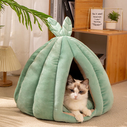 Contemporary Creative Pumpkin-Shaped Rabbit Ear Design Velvet Anti-Slip Dotted Fabric Cat Bed For Bedroom