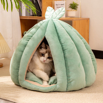 Contemporary Creative Pumpkin-Shaped Rabbit Ear Design Velvet Anti-Slip Dotted Fabric Cat Bed For Bedroom