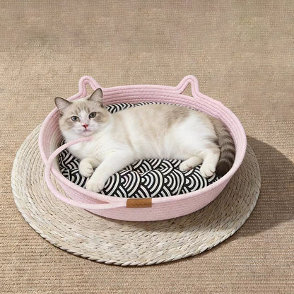 Contemporary Creative Cylindrical Cat Ear Design Cotton Linen Cat Bed With Toy Ball For Bedroom