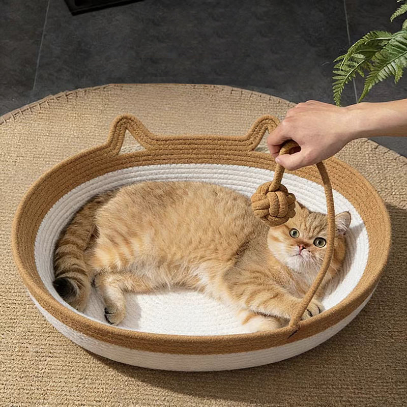 Contemporary Creative Cylindrical Cat Ear Design Cotton Linen Cat Bed With Toy Ball For Bedroom