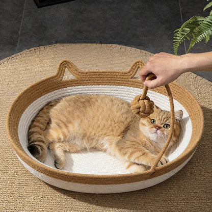Contemporary Creative Cylindrical Cat Ear Design Cotton Linen Cat Bed With Toy Ball For Bedroom