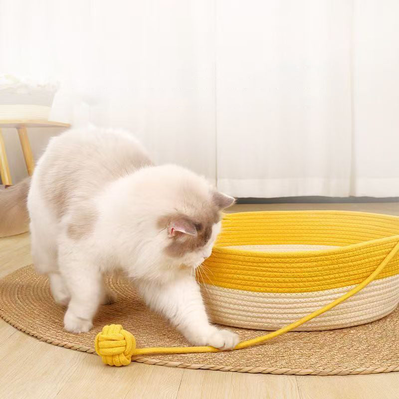Contemporary Creative Cylindrical Cat Ear Design Cotton Linen Cat Bed With Toy Ball For Bedroom
