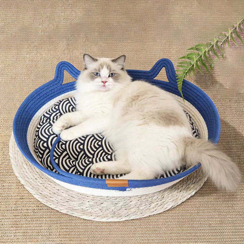 Contemporary Creative Cylindrical Cat Ear Design Cotton Linen Cat Bed With Toy Ball For Bedroom
