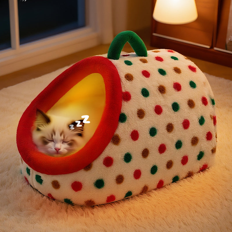 Contemporary Creative Cylindrical Velvet Anti-Slip Dotted Fabric Cat Bed With Handle For Bedroom