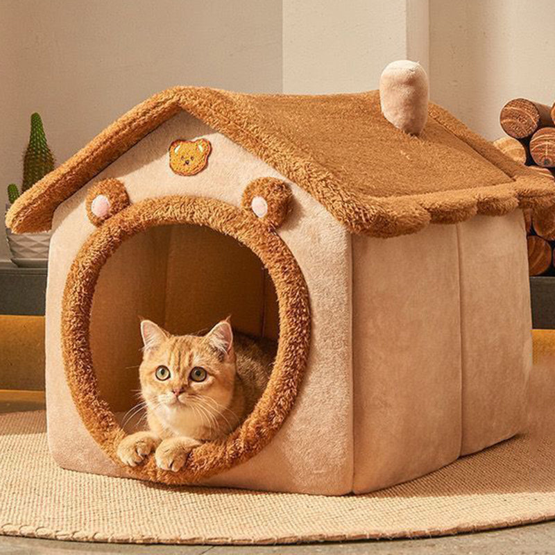 Contemporary Creative House-Shaped Bear Velvet Anti-Slip Dotted Fabric Dog Bed & Cat Bed For Bedroom