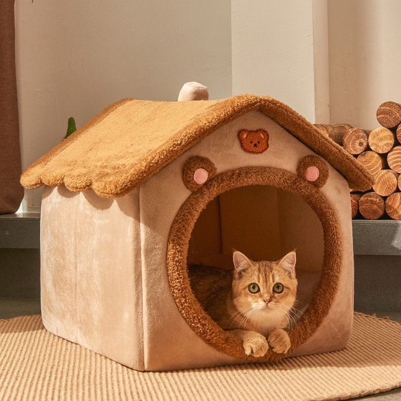 Contemporary Creative House-Shaped Bear Velvet Anti-Slip Dotted Fabric Dog Bed & Cat Bed For Bedroom