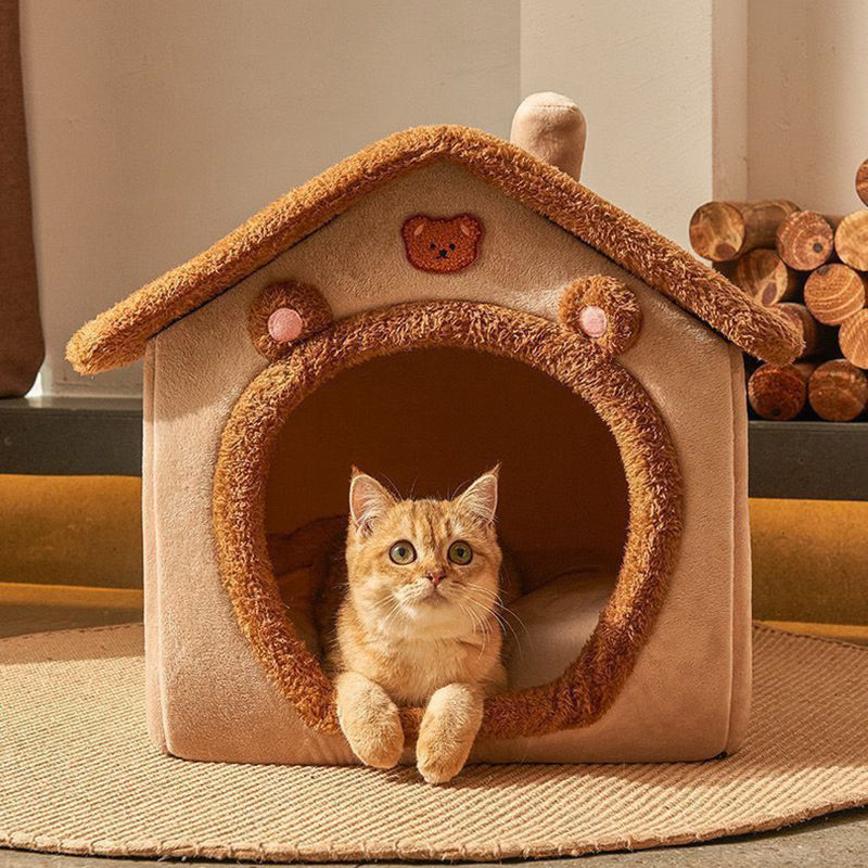 Contemporary Creative House-Shaped Bear Velvet Anti-Slip Dotted Fabric Dog Bed & Cat Bed For Bedroom