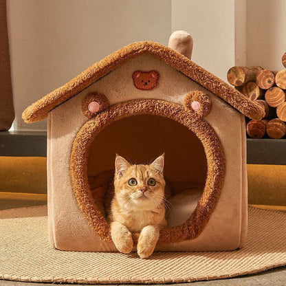 Contemporary Creative House-Shaped Bear Velvet Anti-Slip Dotted Fabric Dog Bed & Cat Bed For Bedroom