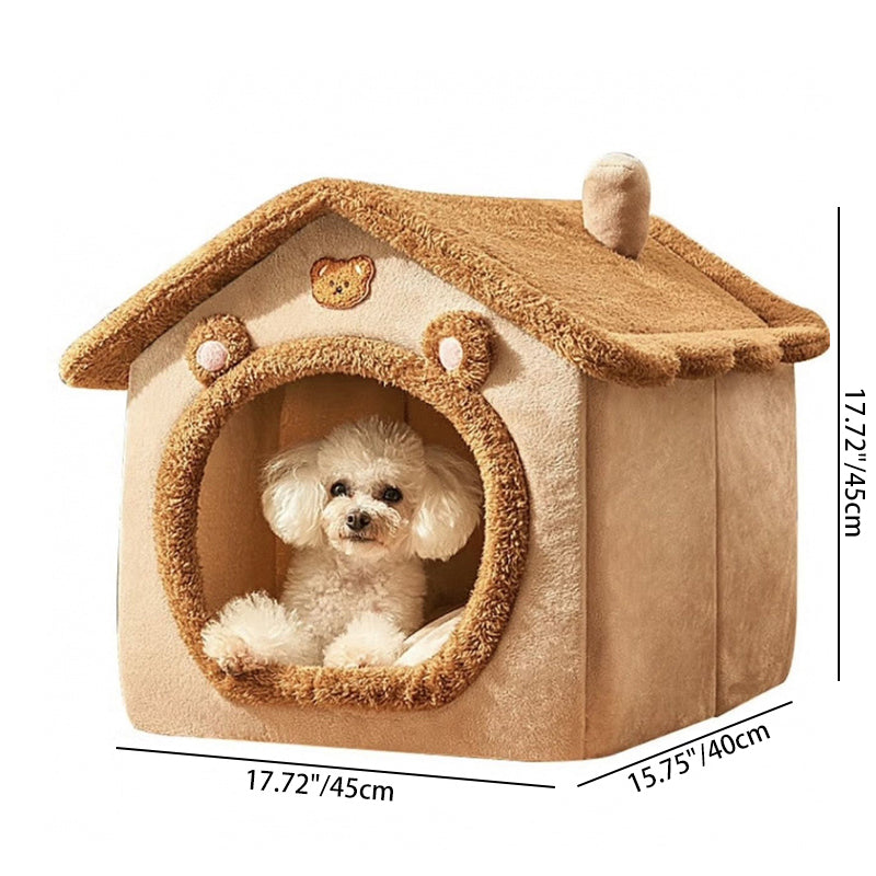 Contemporary Creative House-Shaped Bear Velvet Anti-Slip Dotted Fabric Dog Bed & Cat Bed For Bedroom