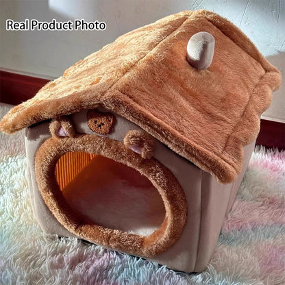 Contemporary Creative House-Shaped Bear Velvet Anti-Slip Dotted Fabric Dog Bed & Cat Bed For Bedroom