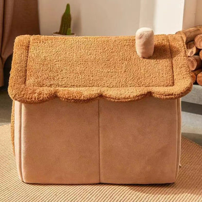 Contemporary Creative House-Shaped Bear Velvet Anti-Slip Dotted Fabric Dog Bed & Cat Bed For Bedroom