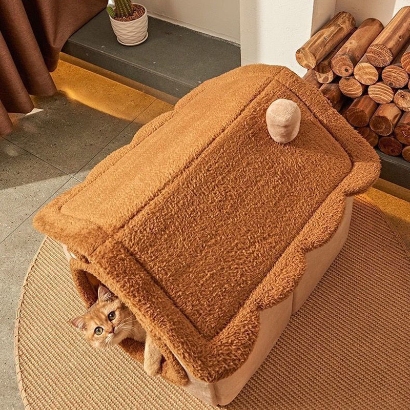 Contemporary Creative House-Shaped Bear Velvet Anti-Slip Dotted Fabric Dog Bed & Cat Bed For Bedroom