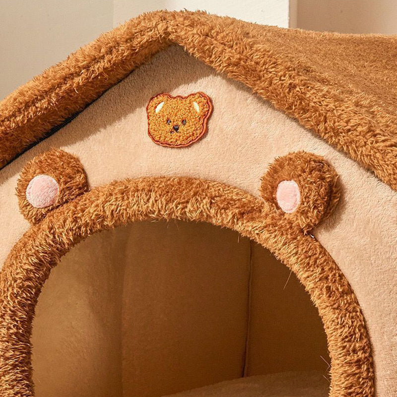 Contemporary Creative House-Shaped Bear Velvet Anti-Slip Dotted Fabric Dog Bed & Cat Bed For Bedroom