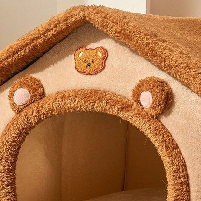 Contemporary Creative House-Shaped Bear Velvet Anti-Slip Dotted Fabric Dog Bed & Cat Bed For Bedroom