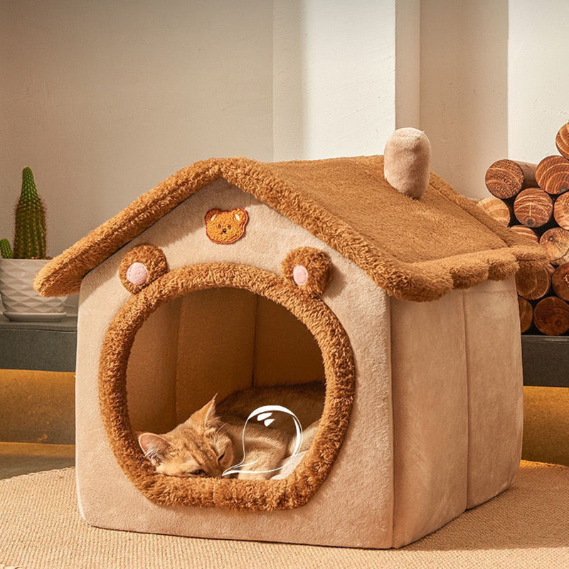 Contemporary Creative House-Shaped Bear Velvet Anti-Slip Dotted Fabric Dog Bed & Cat Bed For Bedroom