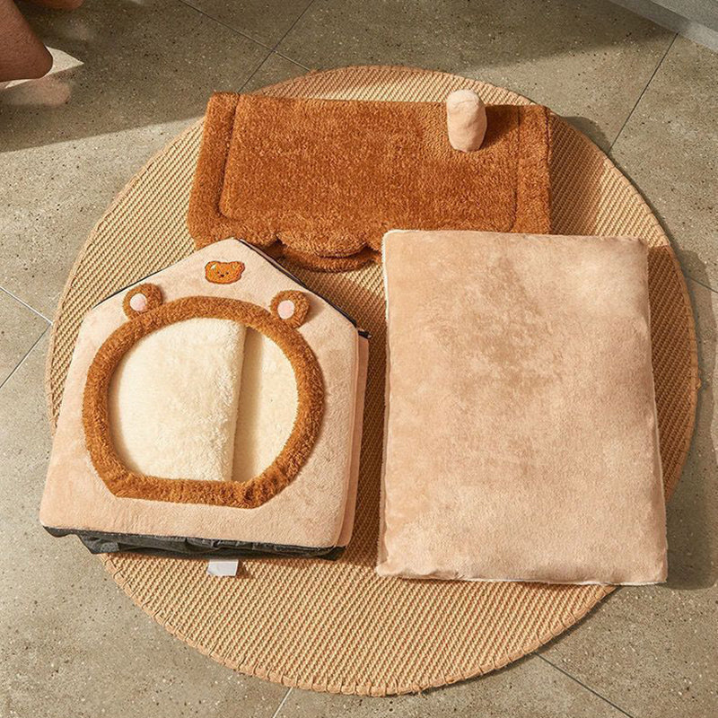 Contemporary Creative House-Shaped Bear Velvet Anti-Slip Dotted Fabric Dog Bed & Cat Bed For Bedroom