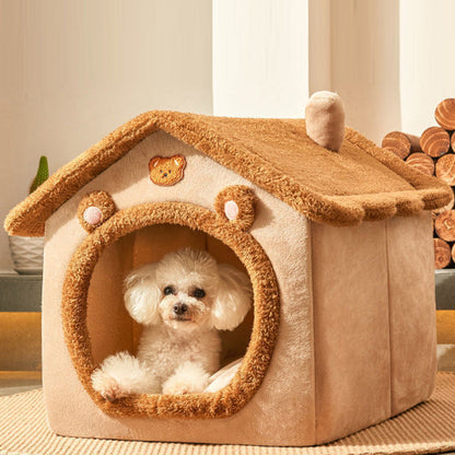 Contemporary Creative House-Shaped Bear Velvet Anti-Slip Dotted Fabric Dog Bed & Cat Bed For Bedroom