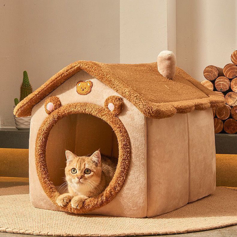 Contemporary Creative House-Shaped Bear Velvet Anti-Slip Dotted Fabric Dog Bed & Cat Bed For Bedroom