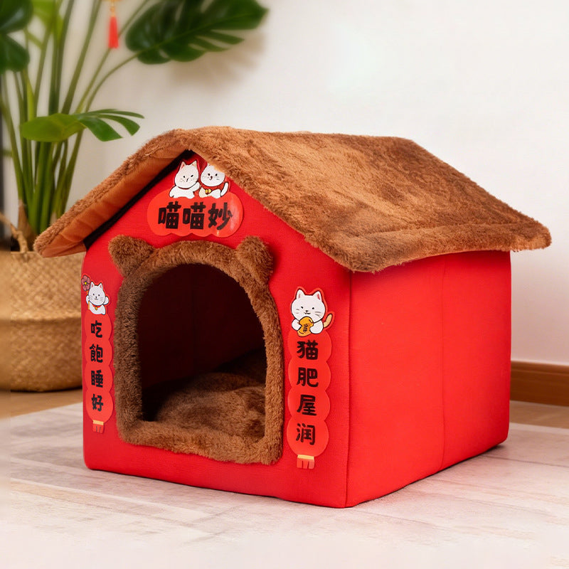 Contemporary Creative Rectangular House Cat Ear Arctic Fleece Anti-Slip Dotted Fabric Cat Bed For Bedroom