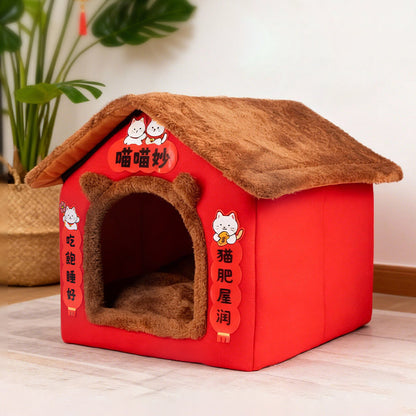 Contemporary Creative Rectangular House Cat Ear Arctic Fleece Anti-Slip Dotted Fabric Cat Bed For Bedroom