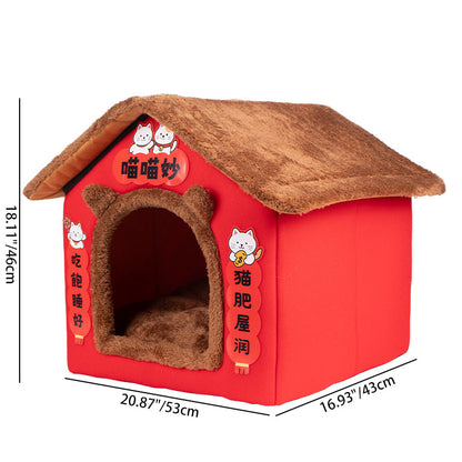 Contemporary Creative Rectangular House Cat Ear Arctic Fleece Anti-Slip Dotted Fabric Cat Bed For Bedroom