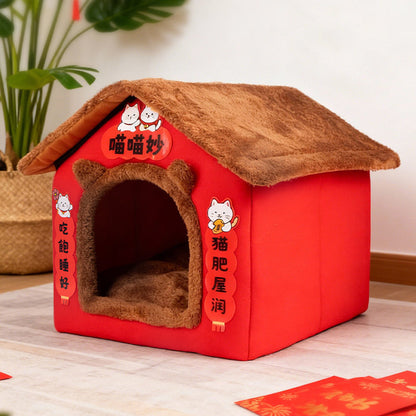 Contemporary Creative Rectangular House Cat Ear Arctic Fleece Anti-Slip Dotted Fabric Cat Bed For Bedroom