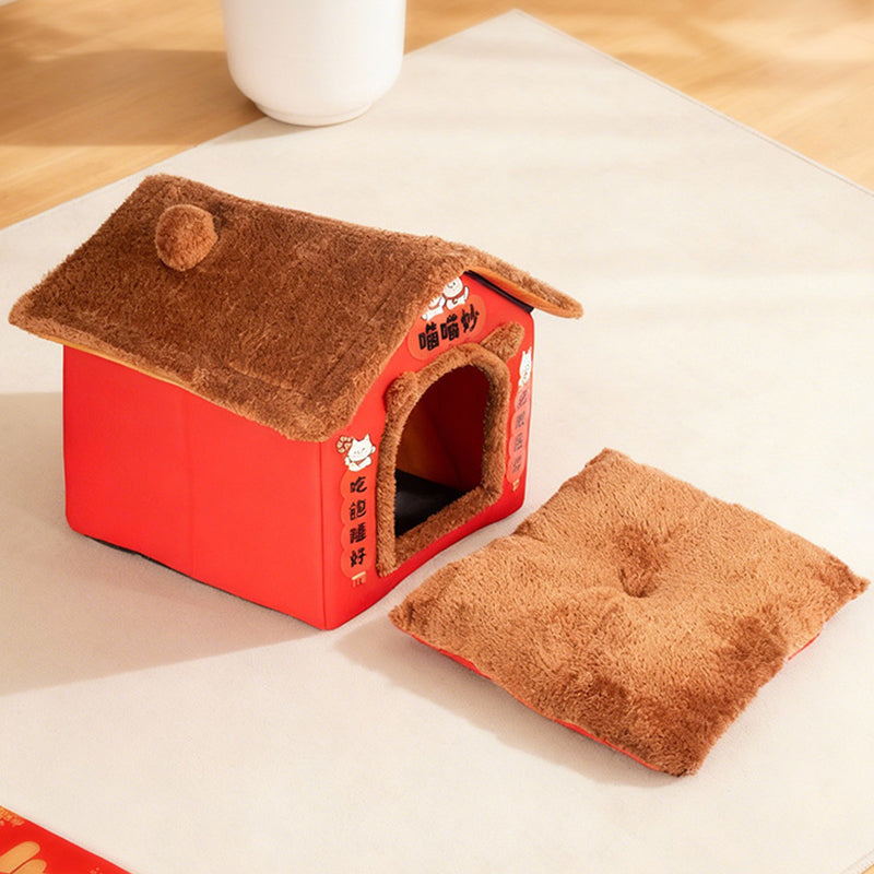 Contemporary Creative Rectangular House Cat Ear Arctic Fleece Anti-Slip Dotted Fabric Cat Bed For Bedroom